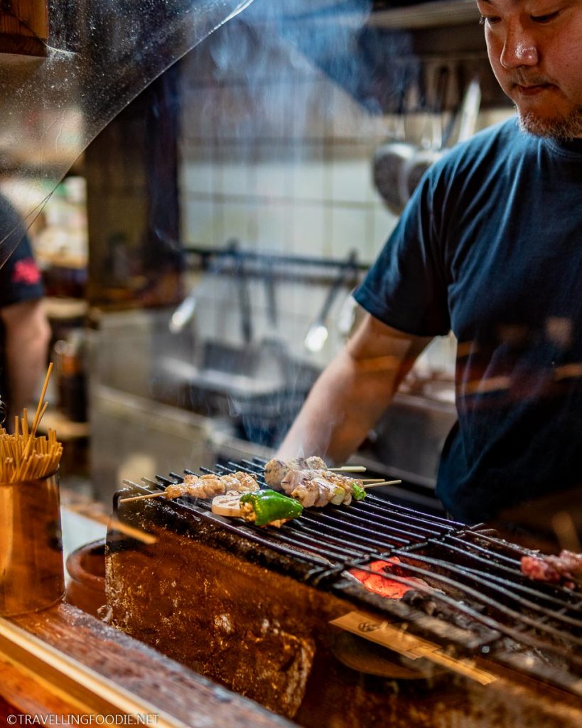 Traditional Japanese Food Yakitori at Sumiyaki Yakitori Don Tanimachi in Osaka, Japan