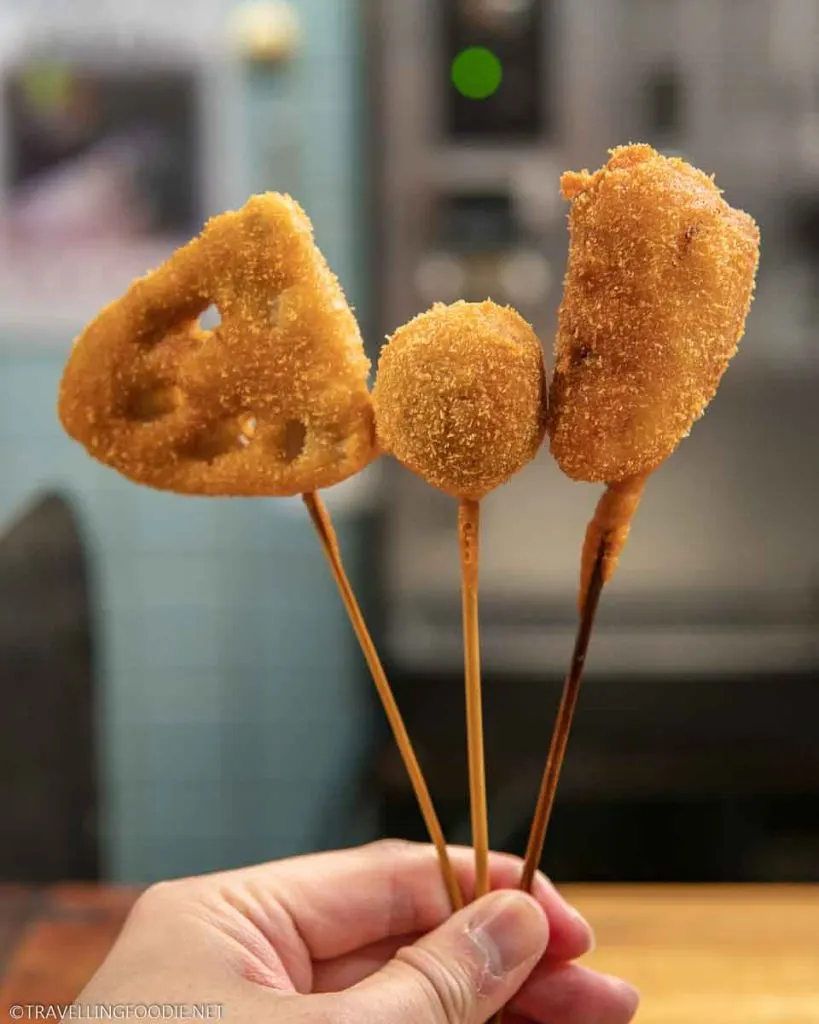 Kushiage at Kushikatsu Daruma Shinsekai in Osaka, Japan