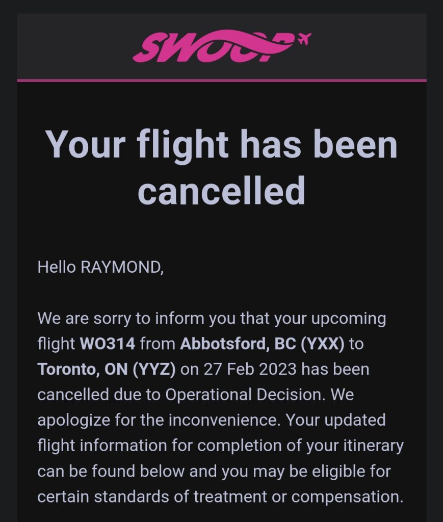 Swoop Flight Cancellation Email