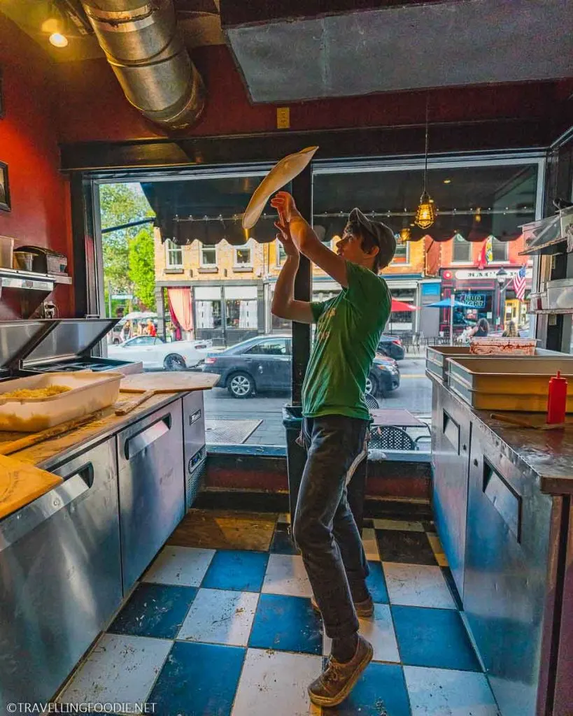 Tossing pizza dough in air at Goodfellas Pizzeria in Covington, Kentucky on The B-Line