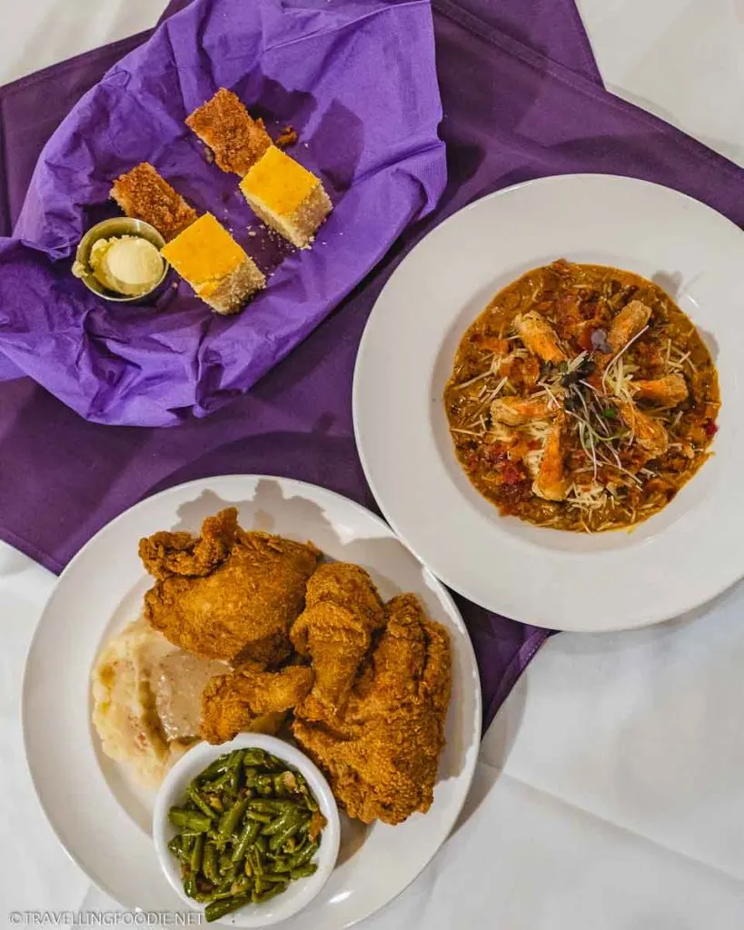 Fried Chicken, Shrimp and Grits, and cornbread at The Purple Poulet in Newport, Kentucky on The B-Line