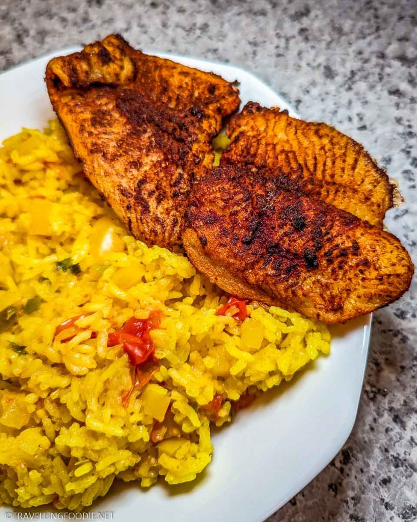 Air Fried Mexican Fish with Golden Rice on Plate