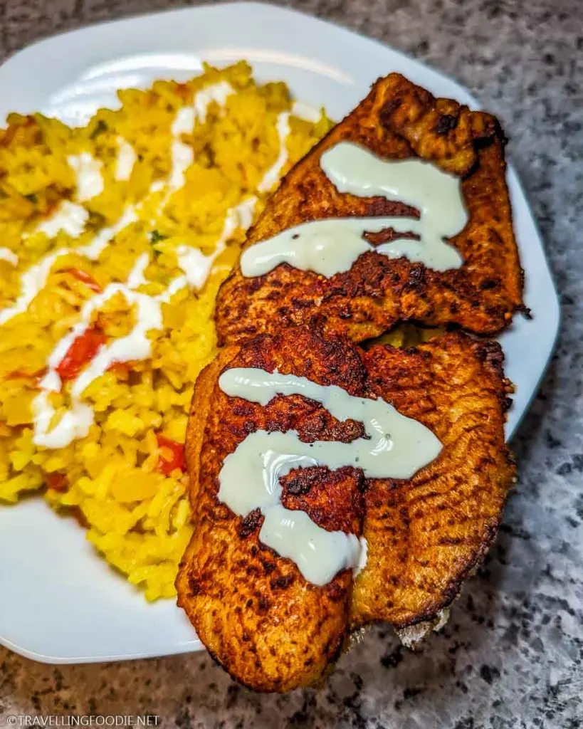 Mexican-style Basa and Turmeric Rice with Lime Crema