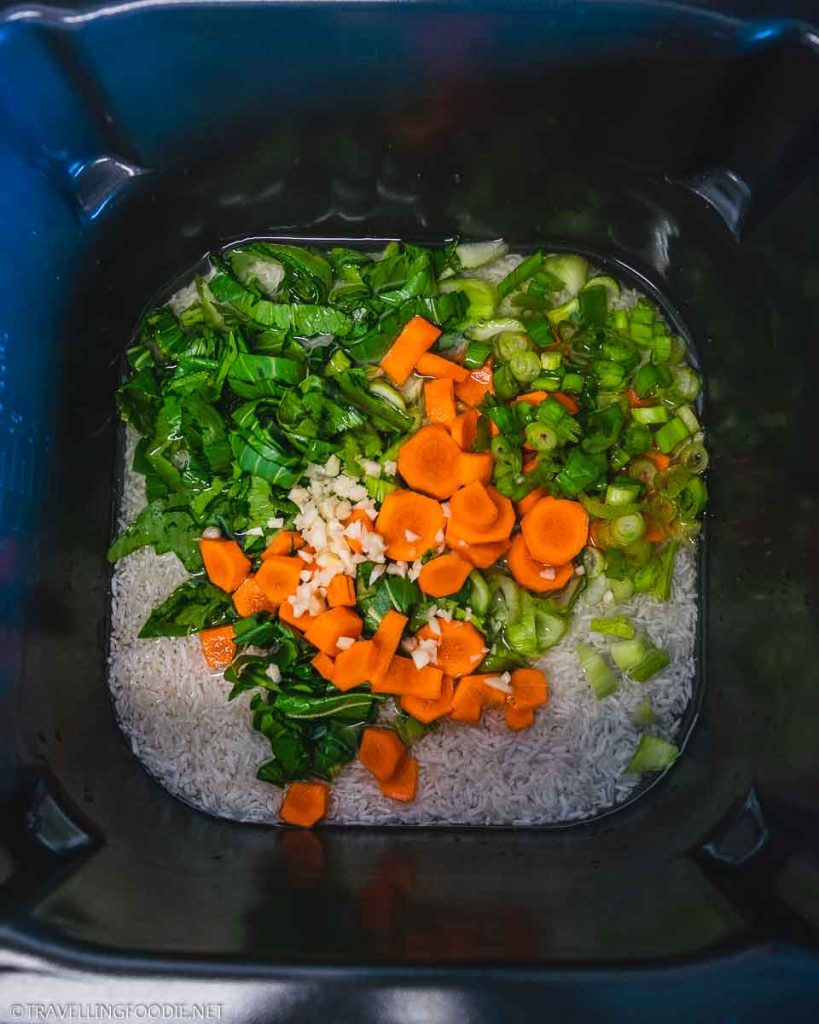 Uncooked Rice with Carrots, Minced Garlic, Shanghai Bok Choy, Green Onions