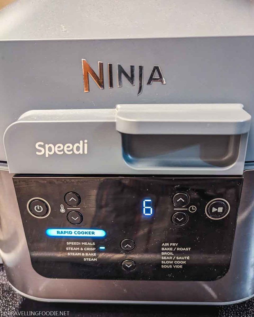 Ninja Speedi Rapid Cooker & Air Fryer set to Steam & Crisp setting for 6 minutes
