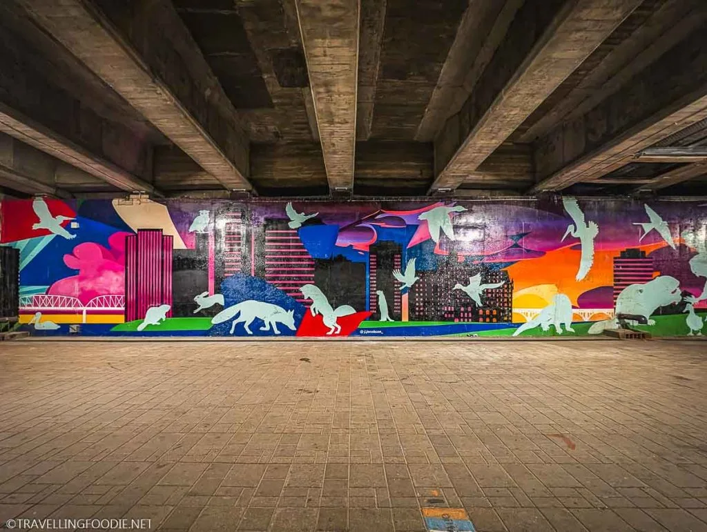 River Landing art under the Sen. Sid Buckwold Bridge in Saskatoon