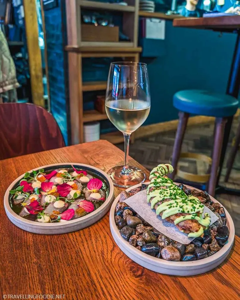 Kingfish Crudo and Soft Shell Crab with White Wine at Darog Wine Bar