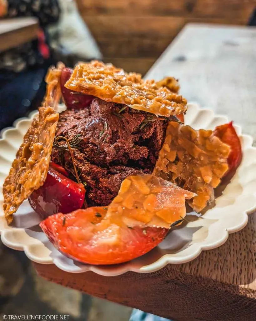 Chocolate Olive Oil Cake with prunes and almond brittle at Kai Restaurant in Galway, Ireland