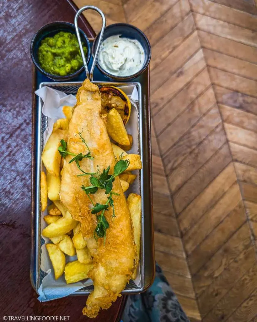 Fish and Chips at Drawing Office Two at Titanic Hotel Belfast in Northern Ireland, UK