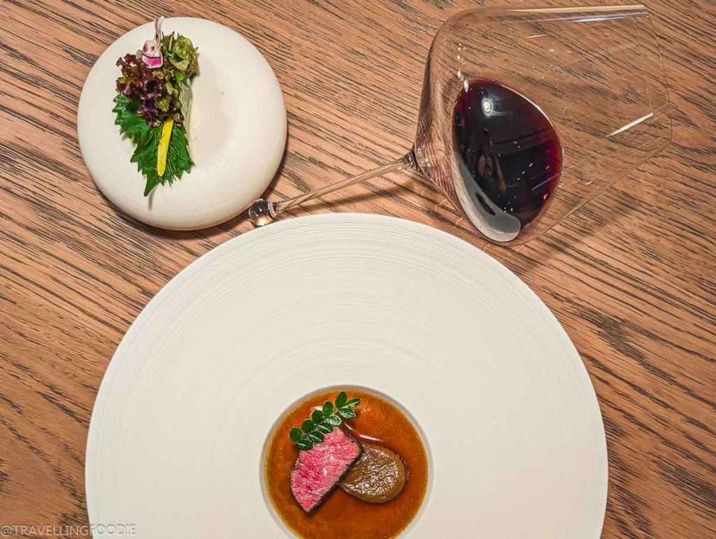 Wagyu Steak, Flowers and Red Wine at Moonrise, One Michelin Star Restaurant in Dubai