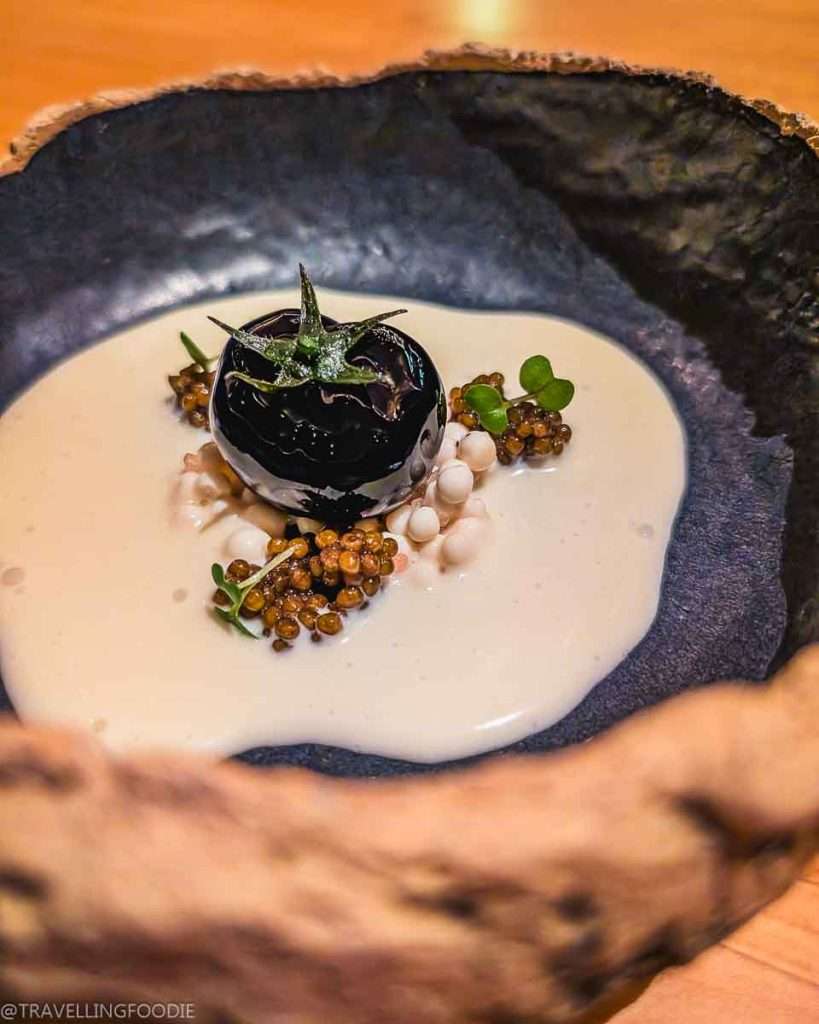 Fish eggs and tomato course at Smoked Room, One Michelin Star Restaurant in Dubai