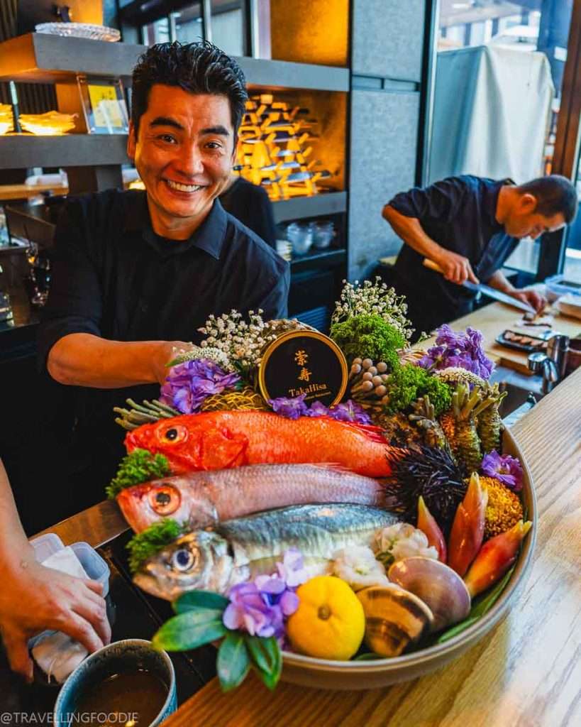Chef Hisao Ueda presenting fresh seafood of the day at TakaHisa Japanese Restaurant at Banyan Tree Dubai Hotel