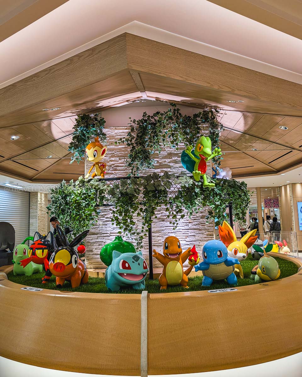 Charmander, Squirtle, Bulbasaur, Tepig, Chimchar, Litten, Fennekin, Treecko, Chikorita and Turtwig Statues at Pokemon Center Mega Tokyo in Sunshine City Ikebukuro