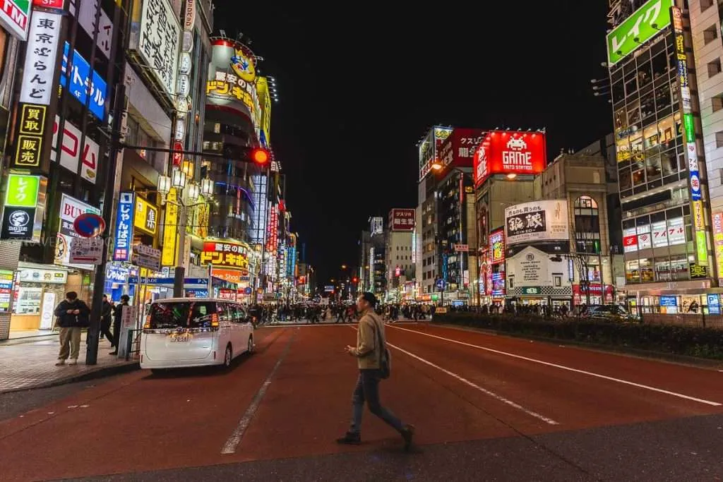 Bustling street in Shinjuku at night