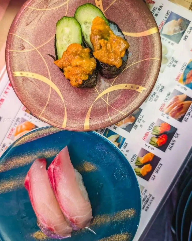 Uni and Hamachi Sushi at Tenkasushi - Ikebukuro