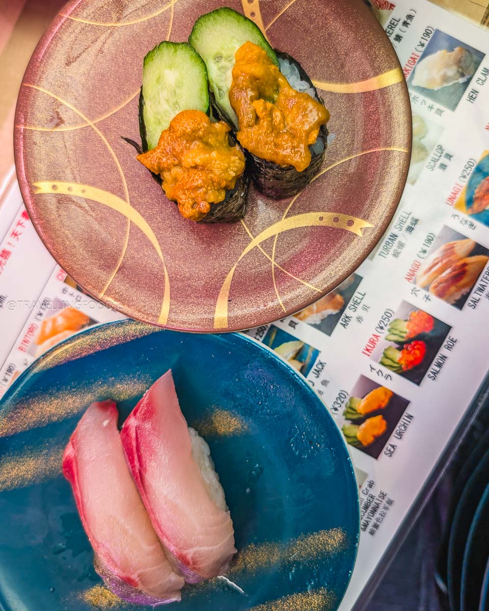 Uni and Hamachi Sushi at Tenkasushi - Ikebukuro