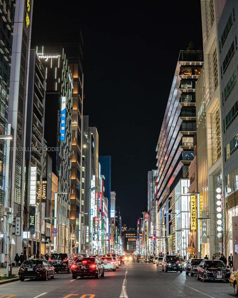 Streets at night at Ginza, one of the most luxurious Tokyo neighborhoods