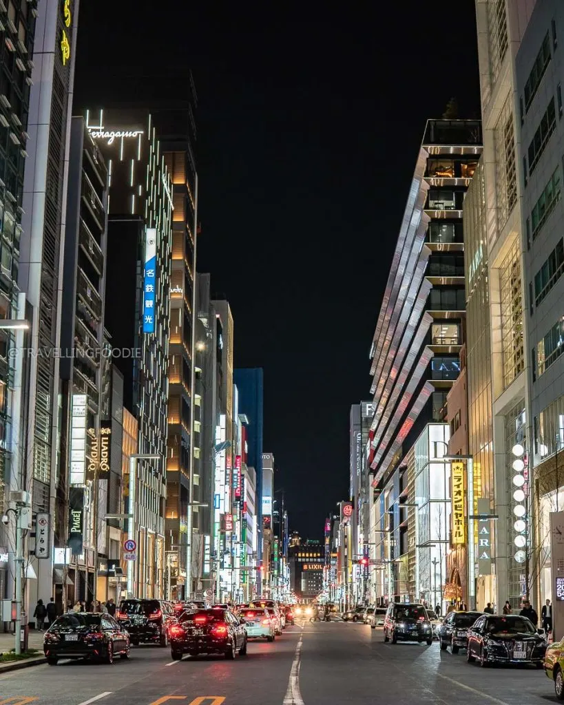 Streets at night at Ginza, one of the most luxurious Tokyo neighborhoods