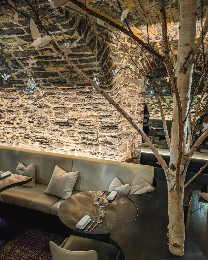 Restaurant Taniere Dining Room with Paper Birds in Quebec City