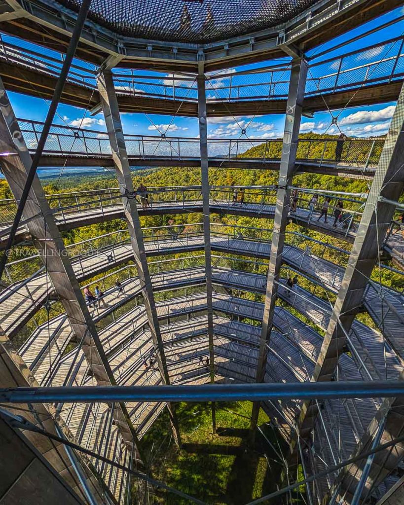 Looking down the Panoramic Tower at Sentier des cimes Laurentians
