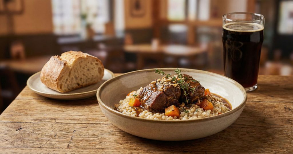 A finished bowl of Northern Maverick Brewing Co.'s Braised Lamb on Barley Risotto set on a rustic wooden table.