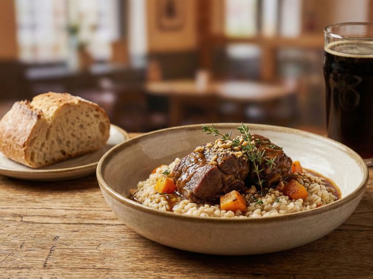A finished bowl of Northern Maverick Brewing Co.'s Braised Lamb on Barley Risotto set on a rustic wooden table.