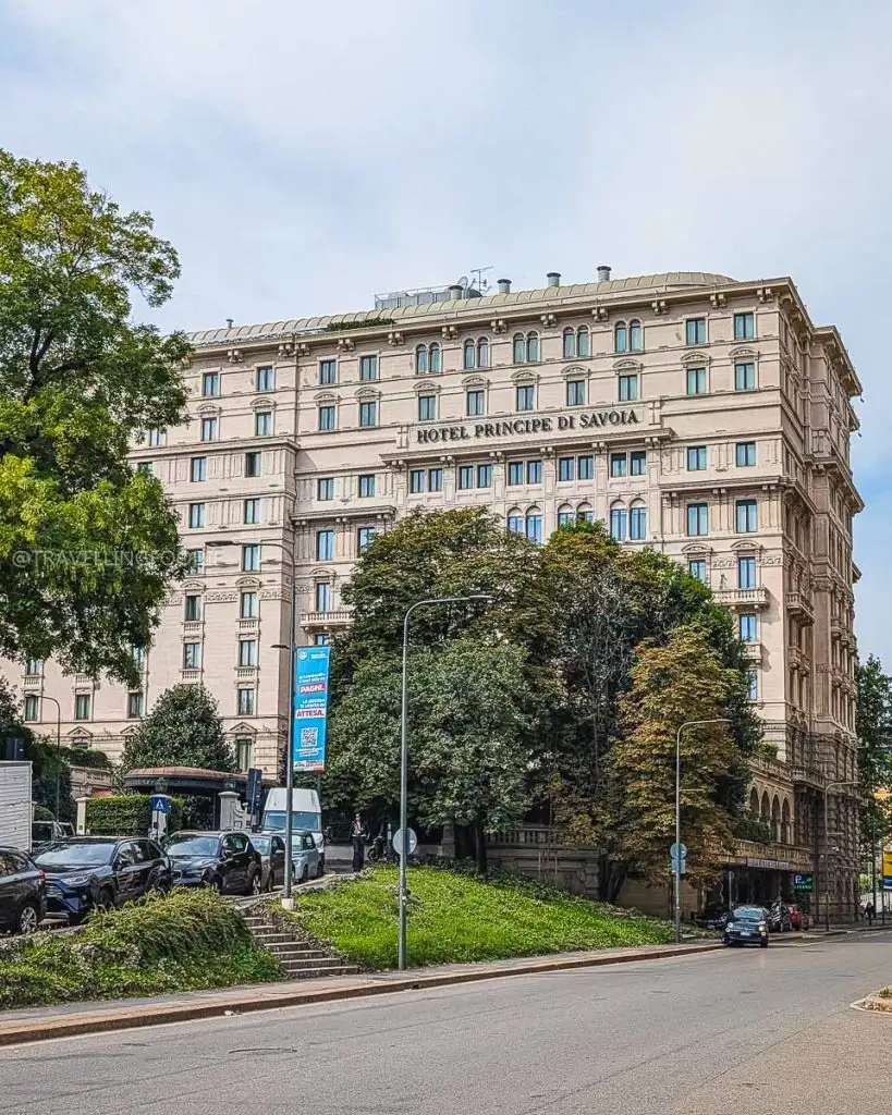 Neoclassical exterior facade of Hotel Principe di Savoia luxury hotel in Milan Italy.