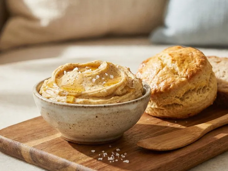 Bowl of homemade Shangri-La B-Wall honey brown butter with coarse salt and honey, served with warm bread and scones on a board.