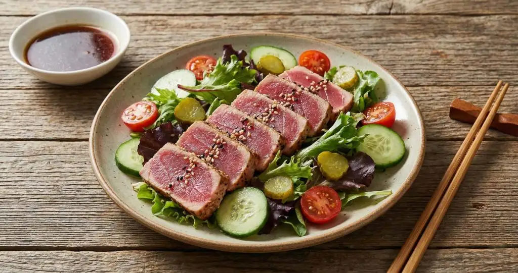 Seared Ahi tuna tataki salad with sesame seeds, cucumbers, greens, tomatoes, and pickles, with ponzu dressing and chopsticks on the side on a rustic table.
