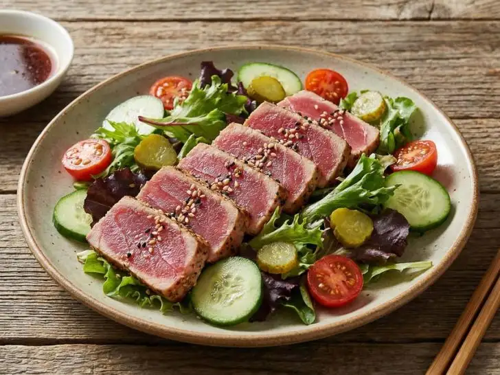 Seared Ahi tuna tataki salad with sesame seeds, cucumbers, greens, tomatoes, and pickles, with ponzu dressing and chopsticks on the side on a rustic table.