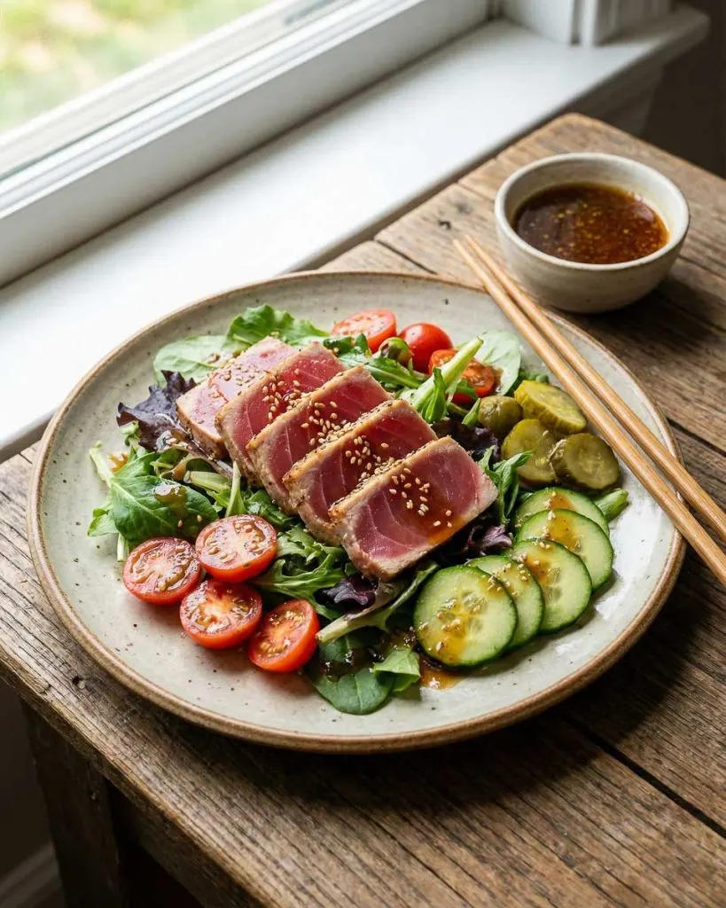 Seared Ahi tuna tataki salad with sesame seeds, greens, cherry tomatoes, cucumbers, and pickles, drizzled with ponzu dressing on a rustic table by the window
