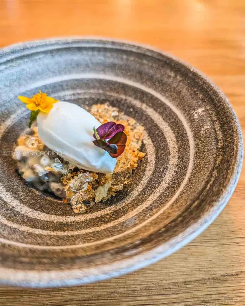 Finally The Rice dessert with jersey milk ice cream and wild rice at The Pine Creemore Michelin Star tasting menu.