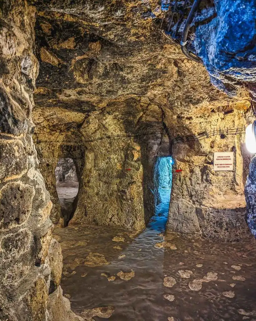 Stone tunnels inside Derinkuyu Underground City, the deepest underground city in Cappadocia visited on the Green Tour