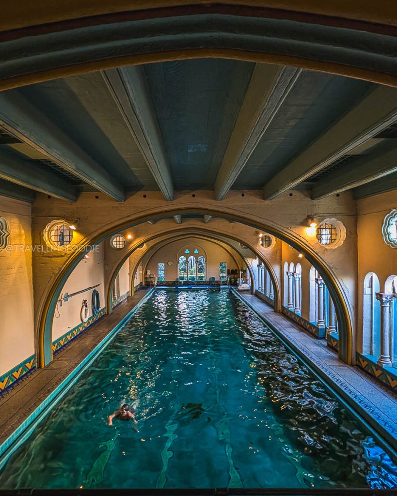 The famous Julia Morgan heated indoor pool at Berkeley City Club, a relaxing retreat after exploring Berkeley food.