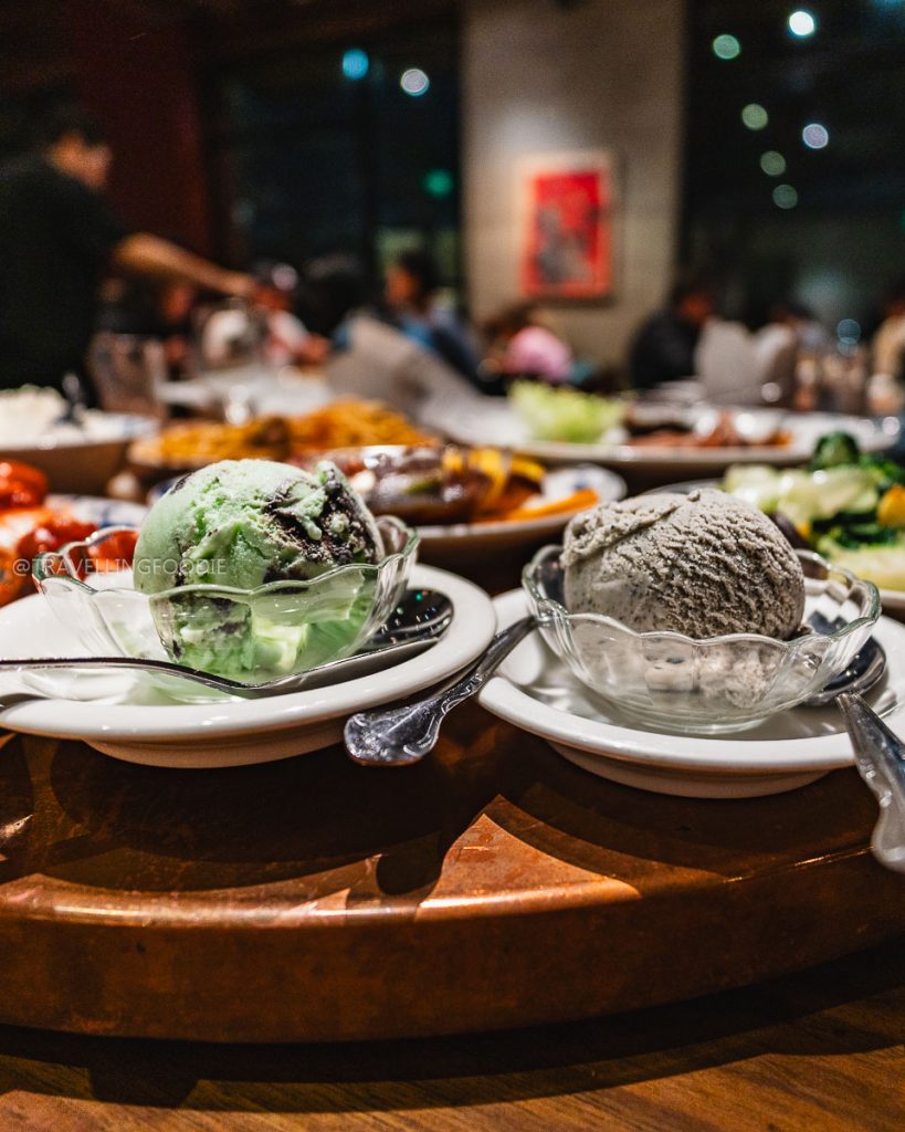 Jasmine tea and black sesame ice cream at Great China, showcasing unique specialty food and drinks in Berkeley.