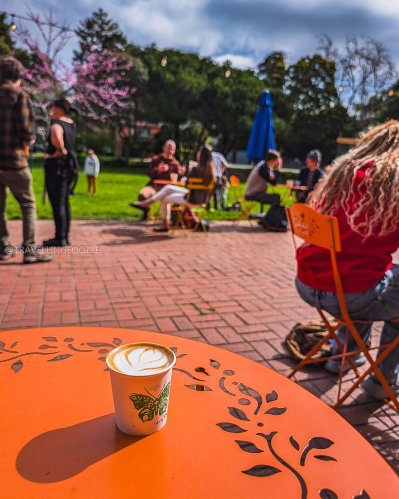 A perfectly crafted cortado on the sunny outdoor patio of The Hidden Cafe, a community hub for Berkeley food.