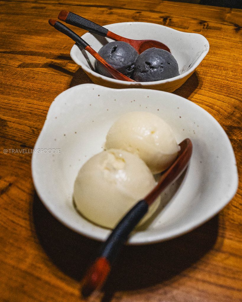 Black sesame gelato and guava sorbet served in rustic bowls, a perfect dessert in the diverse Berkeley food scene.
