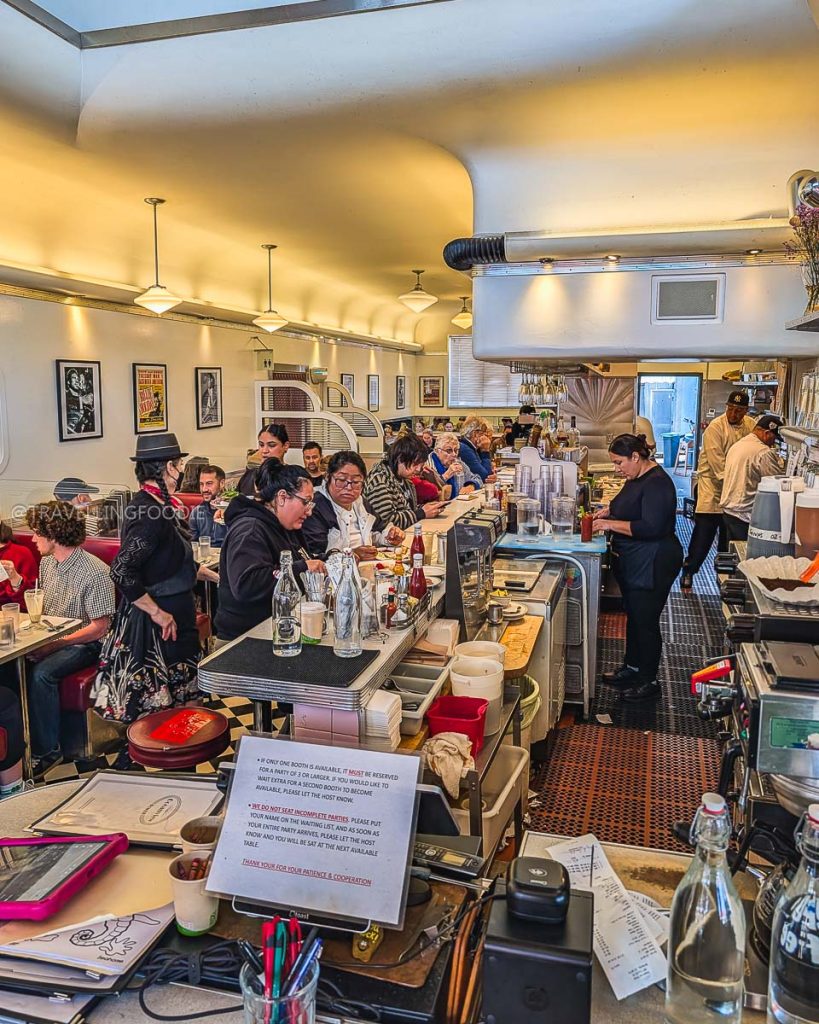 Bustling retro interior of Oceanview Diner, a popular historic spot for classic American Berkeley breakfast and cafes.