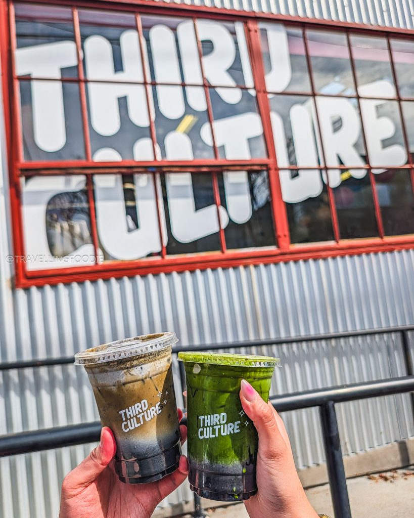 Matcha and black sesame lattes outside Third Culture Bakery, famous for Berkeley breakfast and cafes.
