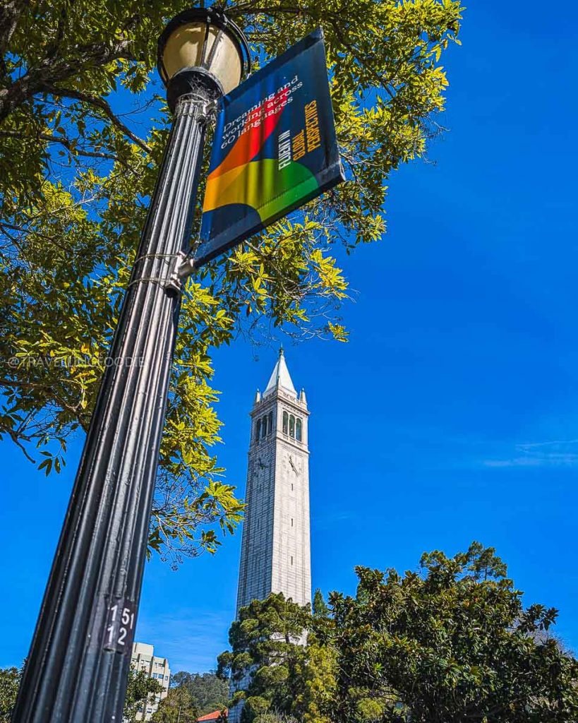 The UC Berkeley Campanile and campus banner, representing the diverse culture behind the Berkeley food scene.