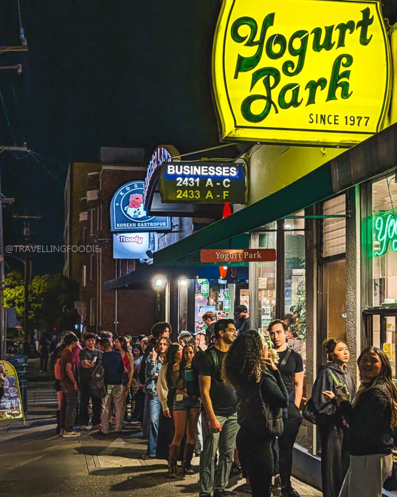 A late-night line outside Yogurt Park, an iconic 1977 spot for specialty food and drinks in Berkeley.