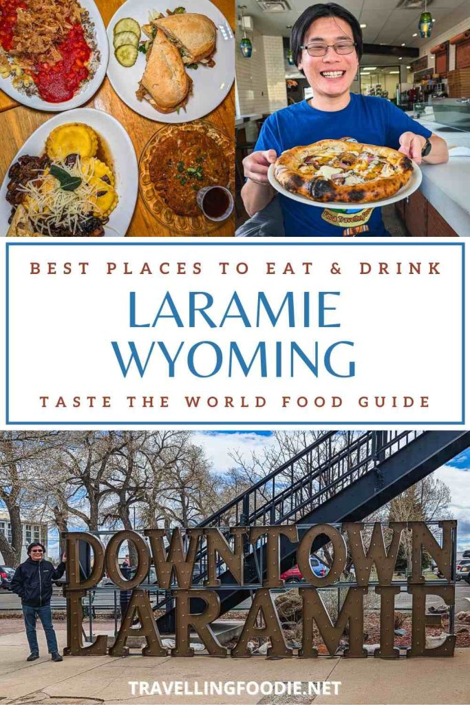 Collage of meals and pizza for a Laramie food guide, highlighting the best places to eat in Laramie Wyoming.