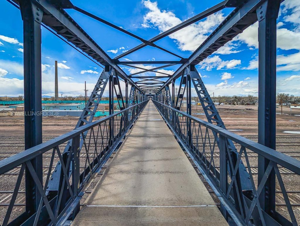 The historic pedestrian overpass over the train tracks offering great views and fun things to do in Laramie.