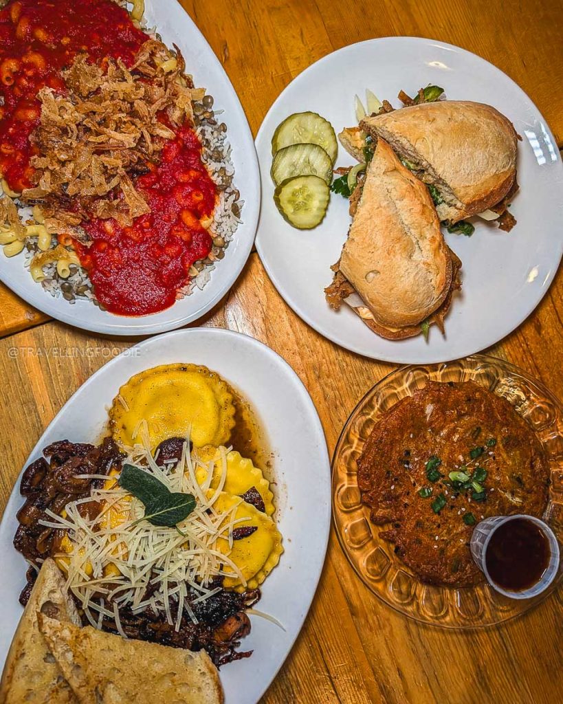 Vegetarian meals like Banh Mi and ravioli at Sweet Melissa Cafe showcasing the diverse Laramie food scene.