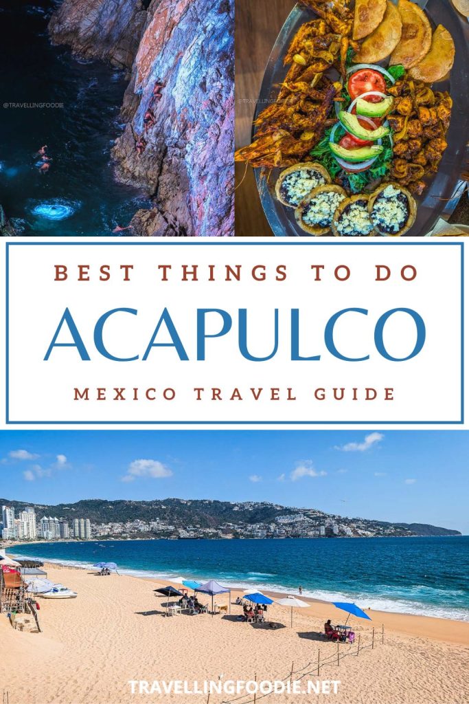 Acapulco travel guide pin featuring La Quebrada cliff divers, local seafood, and beautiful Playa Icacos beach.