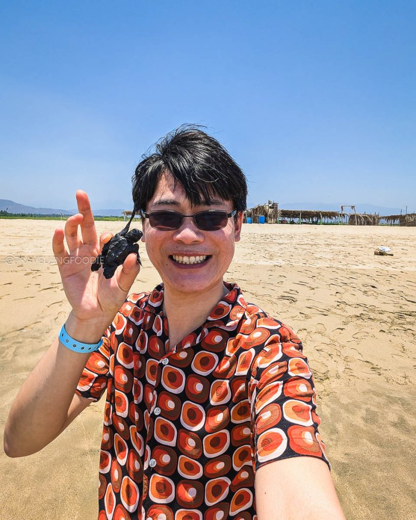 Travelling Foodie Raymond Cua holding a baby sea turtle on the beach during an Acapulco conservation tour.