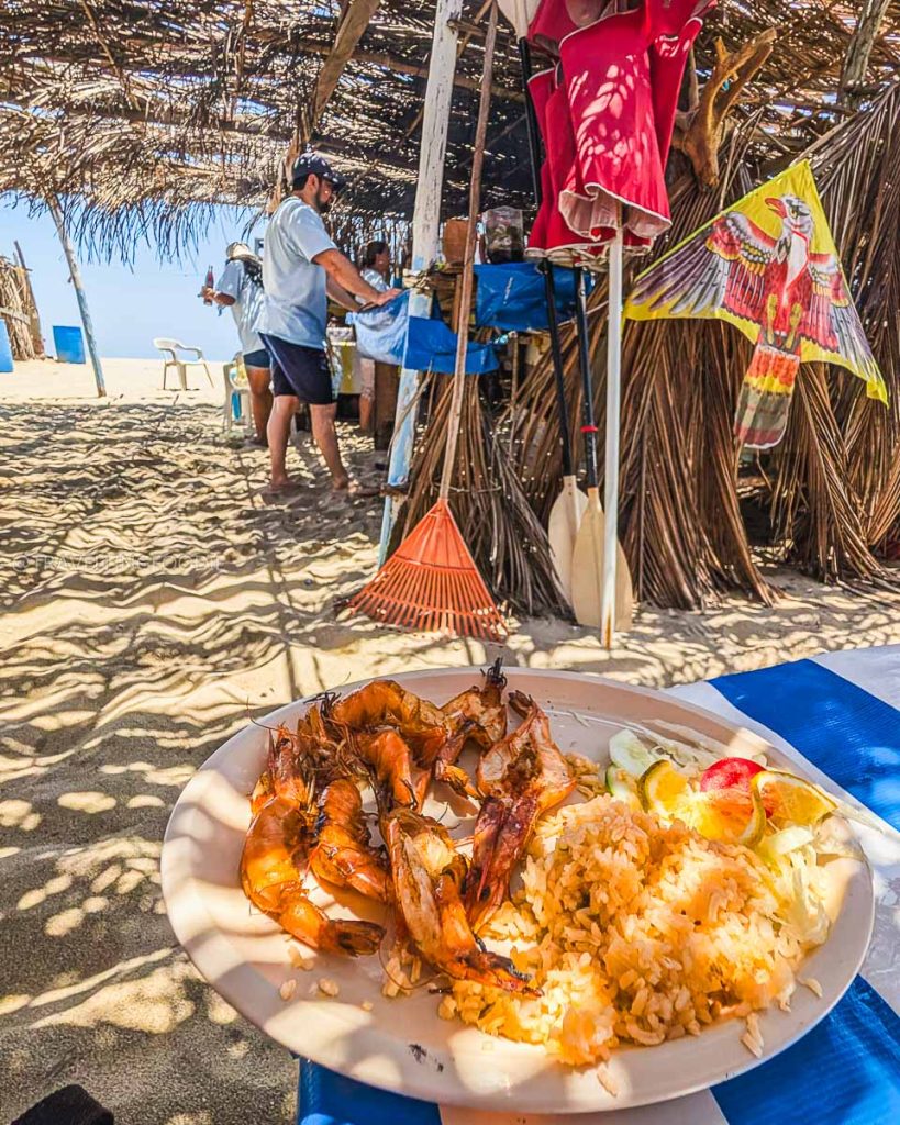 Plate of delicious grilled shrimp and rice at a casual beach shack restaurant in Barra de Coyuca, Acapulco.