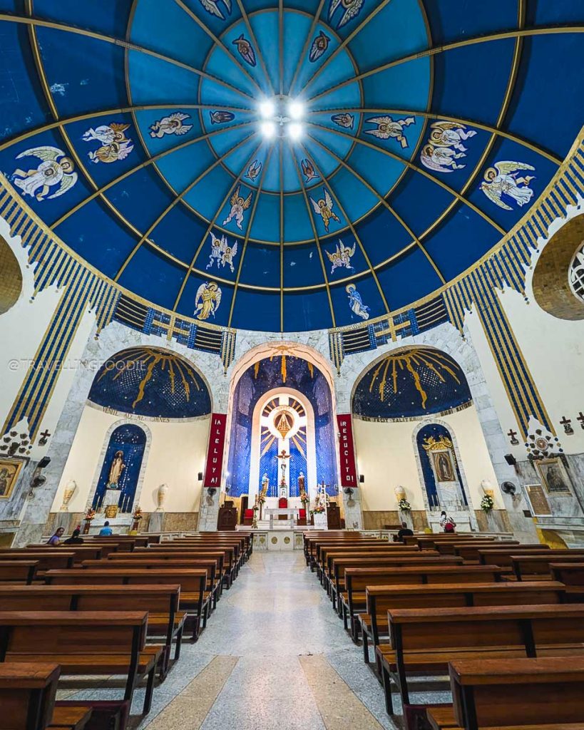 Interior of the Acapulco Cathedral featuring a stunning blue Moorish dome and golden accents, a top historical attraction.