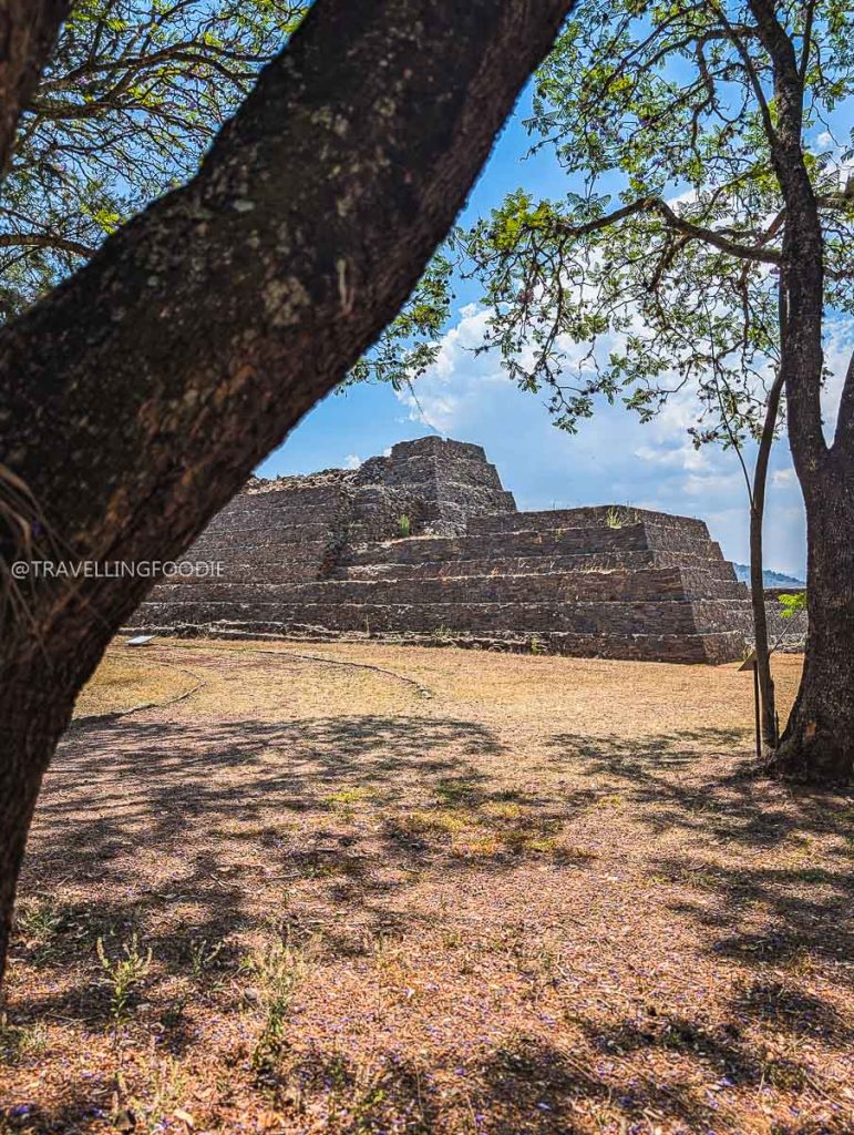 Scenic view of the ancient Purepecha empire pyramids at Las Yacatas framed by tree branches in Tzintzuntzan.