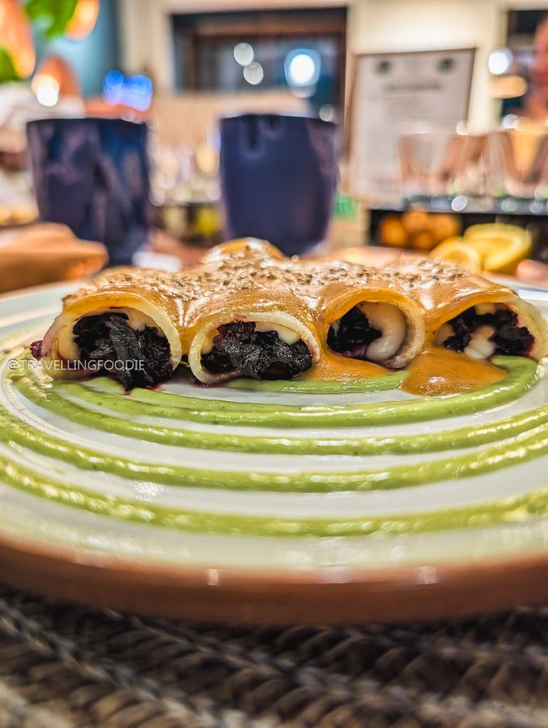 Rolled jicama and hibiscus starter at Lu Cocina, a highly rated restaurant on a Michoacan road trip.